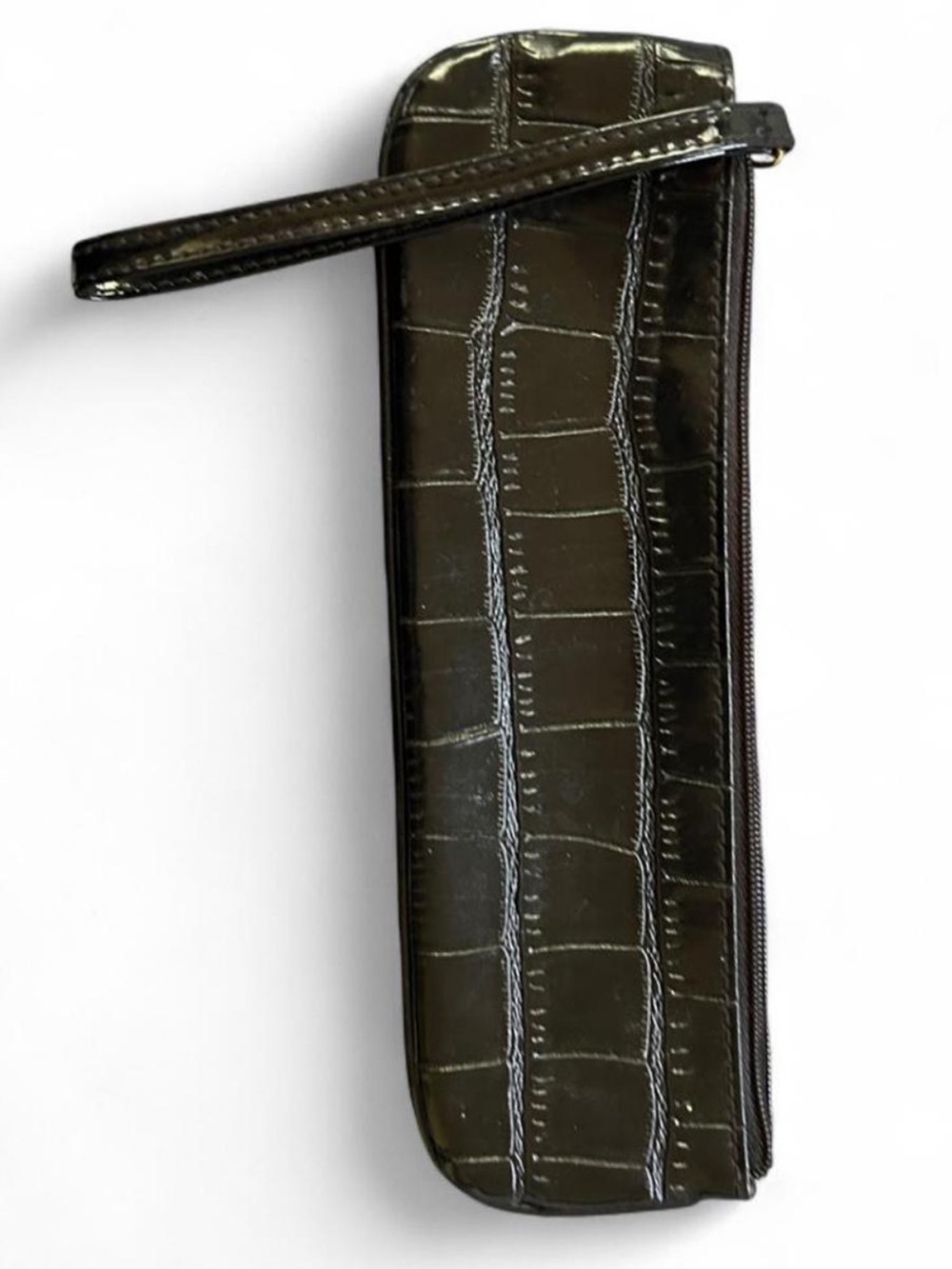 Croc-Embossed Olive Patent Wristlet Pouch